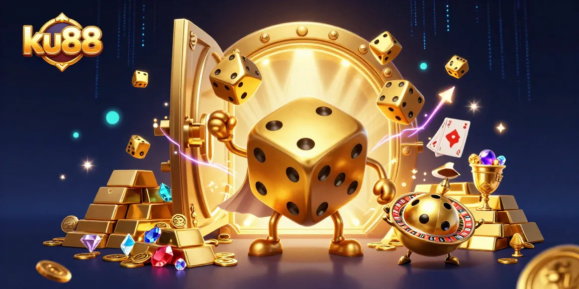 ku88 Casino's vibrant scene featuring a golden dice golem amidst treasure, evoking a thrilling gambling atmosphere.