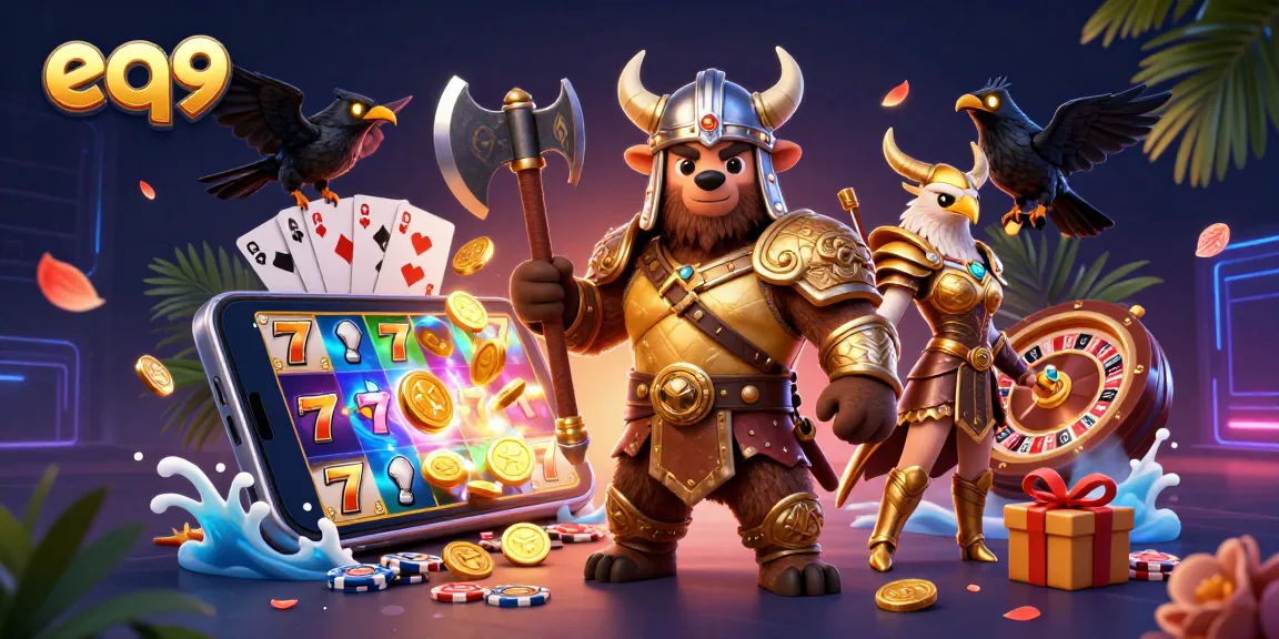 Spin the reels at eq9, enjoy vibrant 3D casino action featuring a Viking bear, Valkyrie eagle, and exciting games.