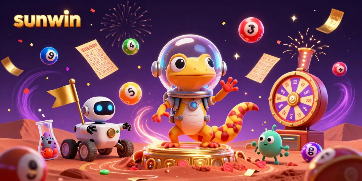 Experience the excitement of sunwin with bouncy lottery balls and golden casino discoveries in vibrant space.
