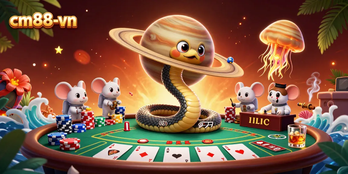 Betting on cm88-vn with cartoon characters amid vibrant casino elements and cosmic settings.