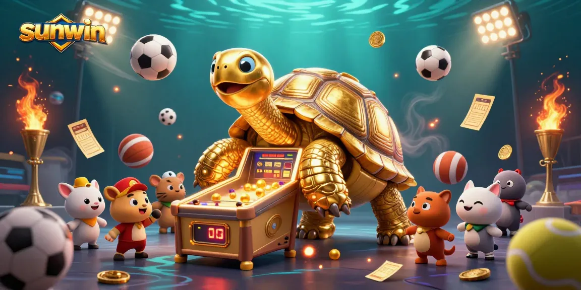 Play exciting games at sunwin with a golden tortoise pinball and sports balls in a vibrant casino atmosphere.