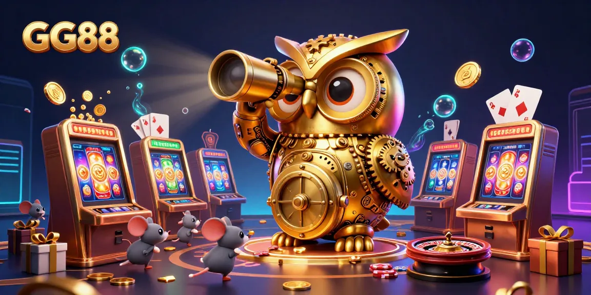 Experience the excitement of GG88's dynamic casino scene with golden owls and slot machines.