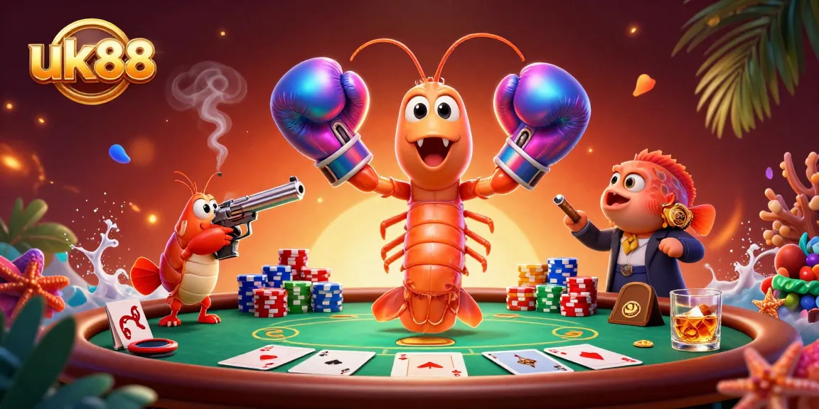 The 3D cartoon mantis shrimp in iridescent boxing gloves represents the thrill of uk88 poker games with vibrant gameplay.