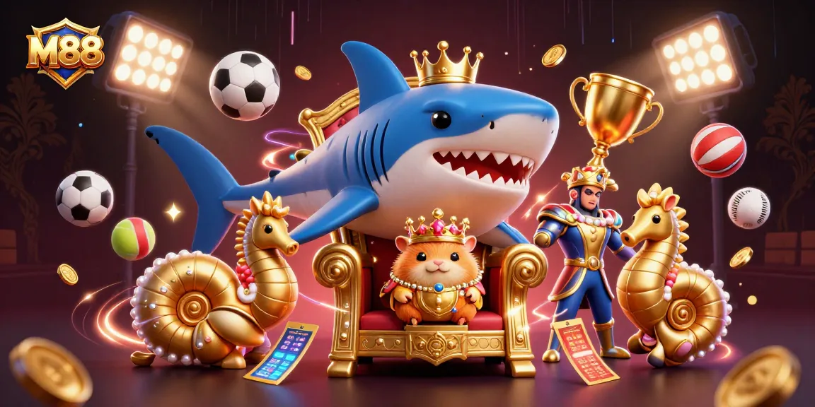M88 betting scene featuring a golden hamster king, sports elements, and vibrant casino atmosphere