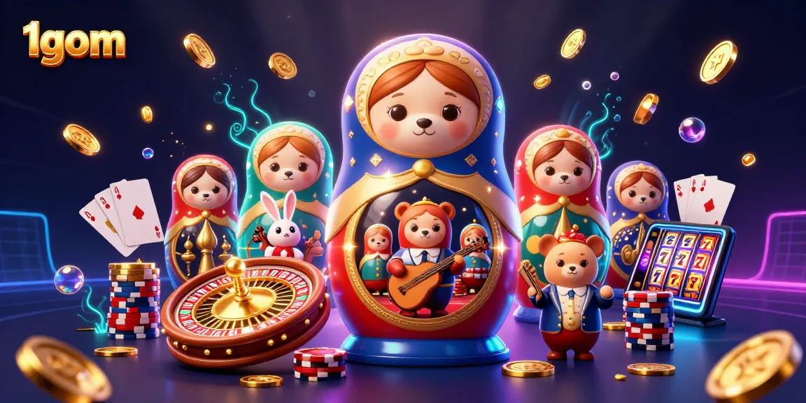 Experience exciting gameplay at 1gom with vibrant illustrations of casino elements and adorable characters.