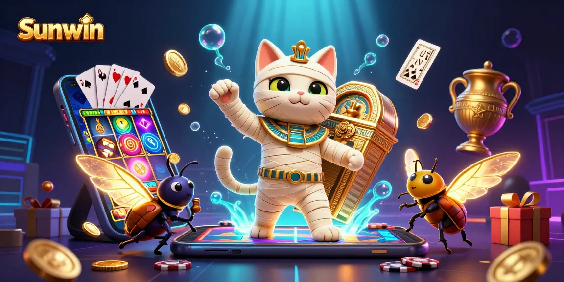 Sunwin features a vibrant scene with an Egyptian mummy cat and glowing scarab beetle amidst casino elements.
