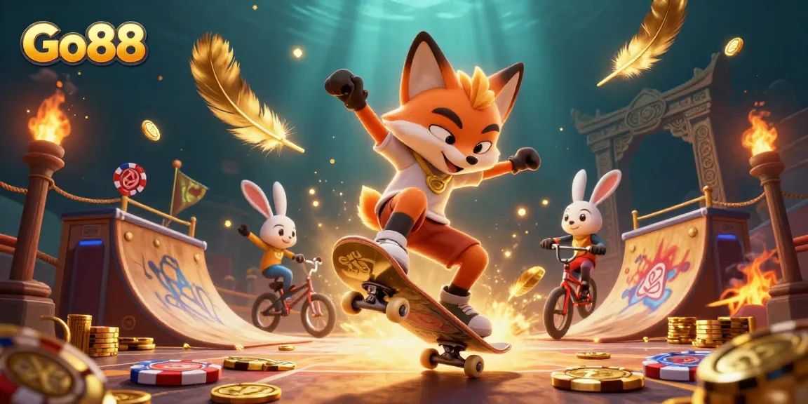 Go88 featuring a 3D skateboarder fox kicking over golden poker chips in a dynamic casino scene