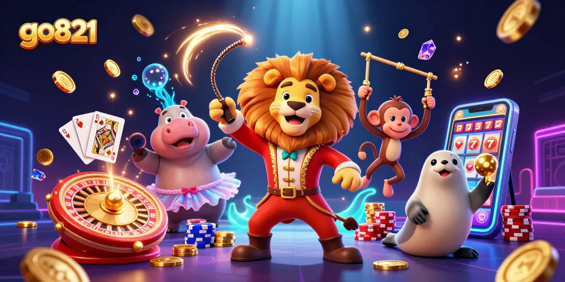 Experience the thrilling excitement of gambling with go821 featuring a vibrant 3D circus scene filled with engaging casino elements.